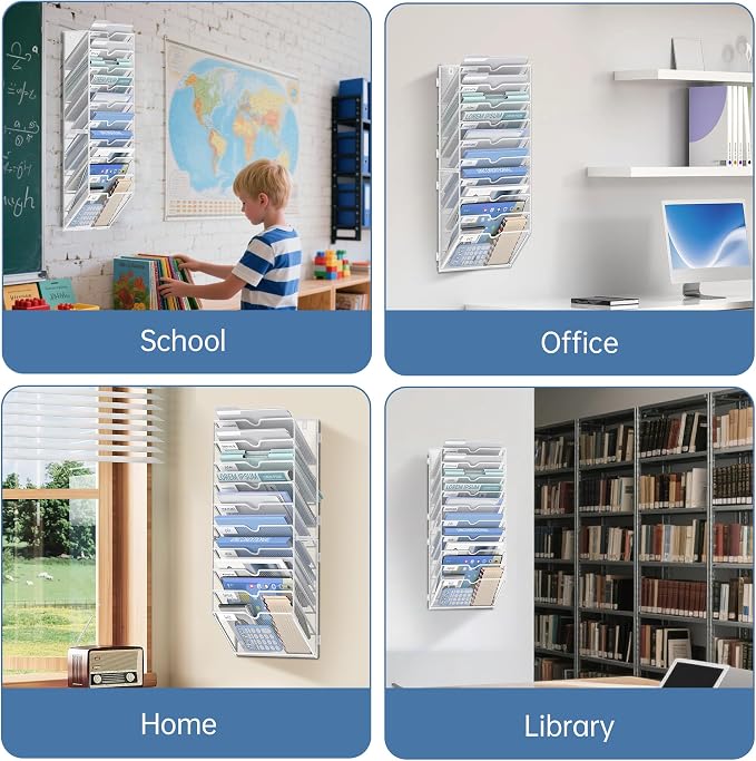 10 Tier Wall File Organizer Office Hanging Mail Holder Wall Mounted, Mesh Paper Document Organizer for Office Home School, White