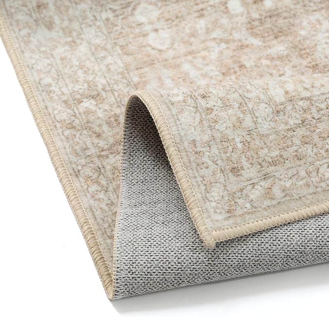 PureCozy Washable Rug 3x5, Entryway Beige Indoor Non Slip Small Low Plie Thin Bedroom Kitchen Area Rugs Retro Accent Throw Office Vintage Carpet for Nursery Under Coffee Table