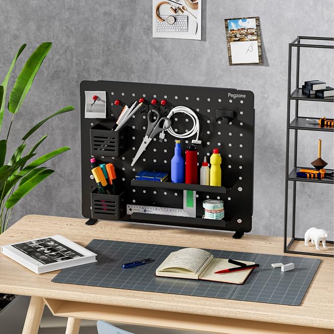 PEGZONE Clamp-on Desk Pegboard, Desk Organizer for Office Gaming Home, Magnetic Metal Peg Board with 15 Accessories, Privacy Panel, 20.4" x 16.5", Large, Black