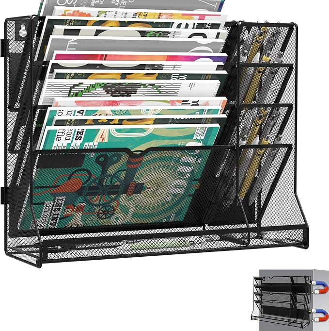 Magnetic File Holder, Magnetic File Organizer, 5-Tier Wall Organizer for Office with 4 Pen Slots, Vertical Hanging File Folder Holder with R-shaped Bottom Tray, Organization for Workspace