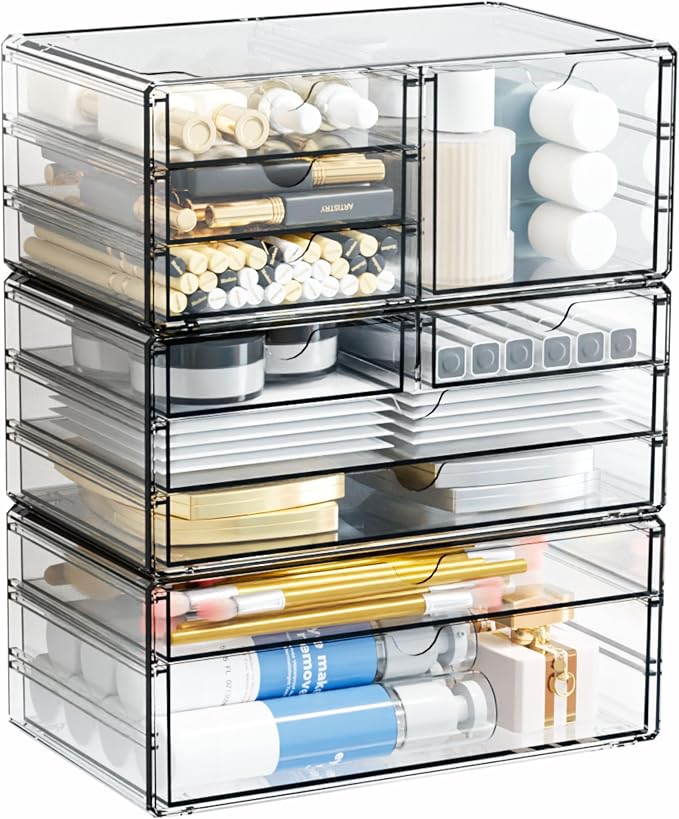 3 Pack Clear Storage Drawers With 10 Drawers,Stackable 11.1” Large Acrylic Drawer Organizer and Makeup Organizer For Vanity,Bathroom Countertop,Cabinet,Pantry,Office Supply Storage Bins Drawers