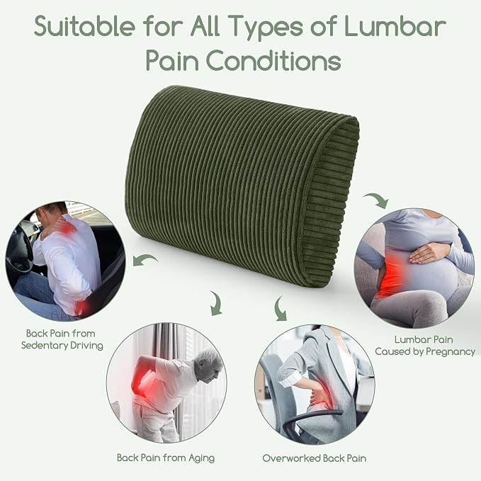 Lumbar Support Pillow for Recliner Chair/Accent Chair/Couch, Extra Large Memory Foam Back Support Cushion for Elderly, Recliner Cushions for Back Rest, Pain Relief, Reading, Washable Cover, Dark Green