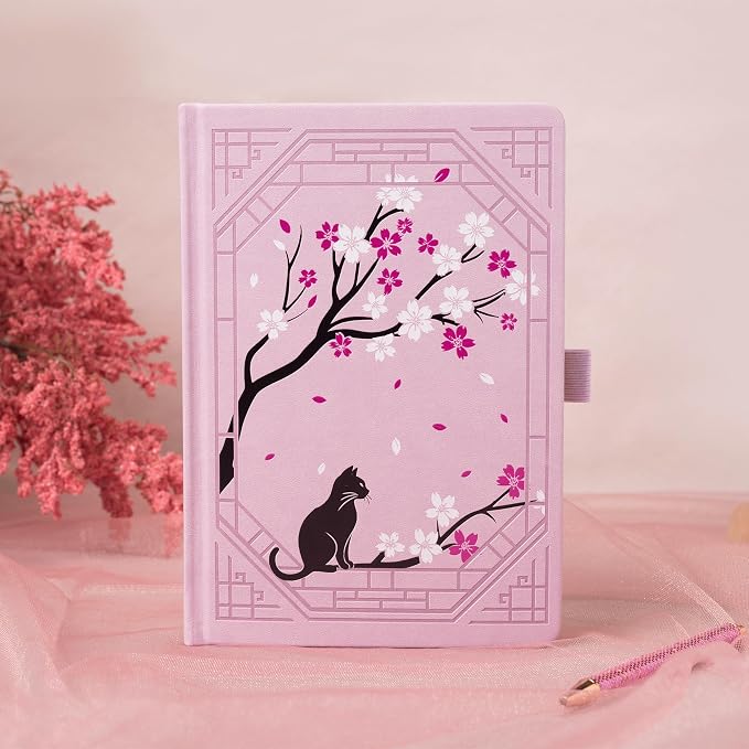 TIEFOSSI A5 Dotted Journal, Cute Cat Journal for Women Girls, Dot Notebook with Pretty Sakura Pattern, Aesthetic Diary for Writing Journaling Drawing, Golden Edges