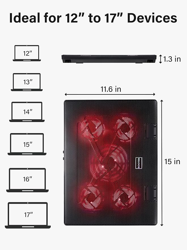 Kootek Laptop Cooling Pad, Laptop Cooler with 5 Quiet Fans for 12"-17" Computer PC Notebook Gaming Laptop Fan, Height Adjustable Laptop Cooling Stand Laptop Accessories, Red