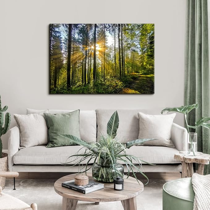 Large Forest Landscape Wall Art for Living Room Nature Sunrise Picture Wall Decor Mountain Trees Scenery Canvas Painting Photo Modern Poster Framed Artwork Bedroom Office Home Decorations 32x48”