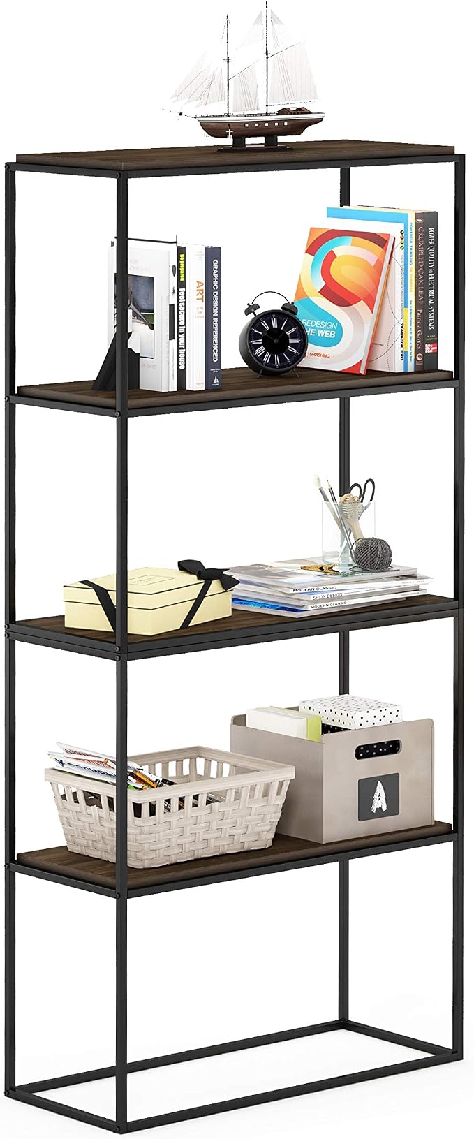 Furinno Moretti Modern Wide Stackable Metal Shelf, Columbia Walnut