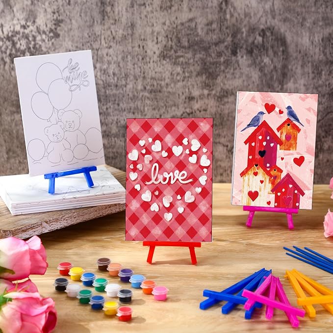 Blosssound 10 Set Valentine's Day Pre Printed Canvas Heart Pre Drawn Canvas Painting with Easel Kits 5" x 7" Outline Painting Panels for Beginners, DIY Craft Project, Home Decors