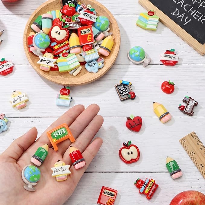 Giegxin 40 Pcs Teacher's Day Resin Charm Pencil Book Blackboard Flatback Cabochon Accessories Cute Embellishments Bulk for Jewelry Cellphone Case Scrapbooking Headband Photo Frame DIY Craft Making