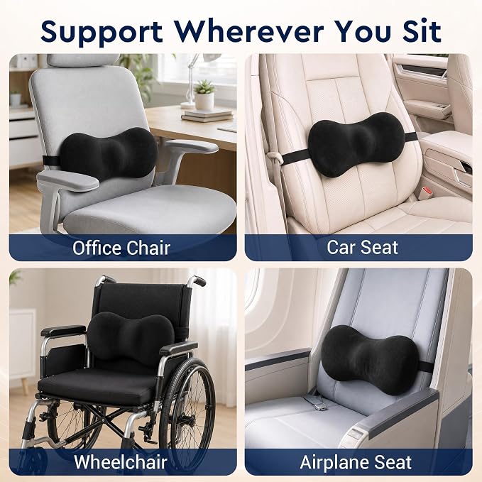Lumbar Support Pillow for Office Chair - Ergonomic Lower Back Support Pillow with Adjustable Strap, C-Curve Back Cushion with T-Support Core for Car Seat, Gaming Chair, Desk Chair, Black