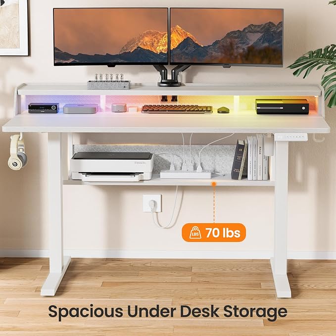 ErGear Electric Standing Desk, 48x24 Inch Adjustable Sit Stand Desk with Bookshelf & Monitor Stand, Standing Gaming Desk with LED Light Strip, Stand Up Desk for Home Office, White | Raised Monitor Stand, 27.9–46.9 Inch Height Range, 4 Memory Presets, 1...