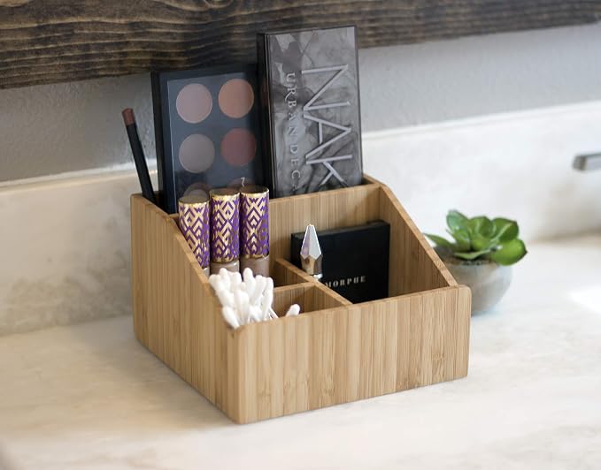 MobileVision Multi-Use Bamboo Office Product Organizer Compact for Desktop, Holds Notepads, Pens, Pencils, Business Cards, Paper Clips, Stationery Supplies & more