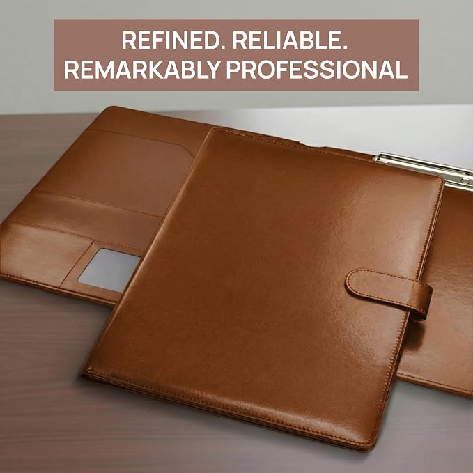 Professional Padfolio with Notepad Included | Faux Leather Portfolio Folder with Clipboard, Resume Folder, Legal Pad Holder, Business Card Holder | A4 Letter Size | Brown