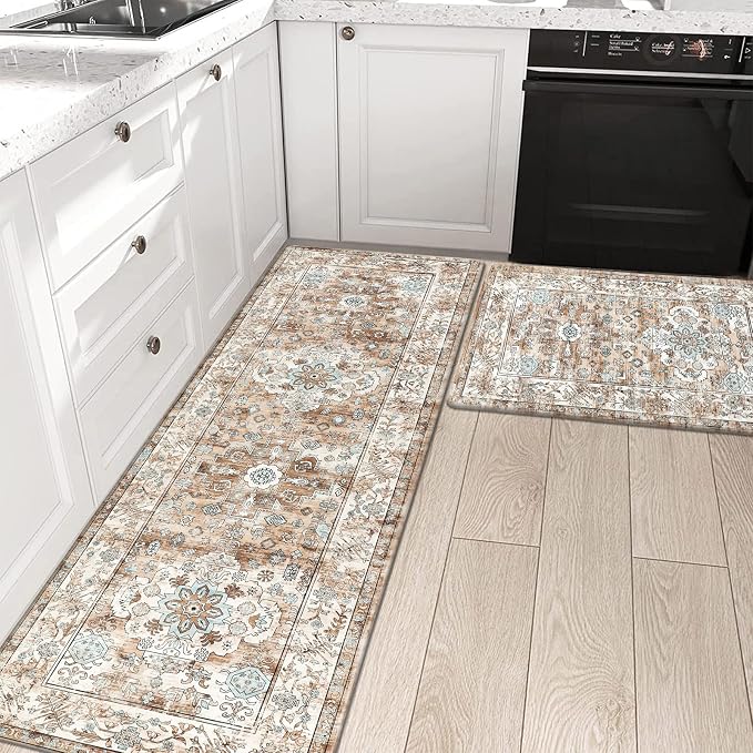 Pauwer Anti Fatigue Kitchen Mat Set of 2, Non Slip Cushioned Kitchen Rugs | PVC Foam Comfort Padded Standing Mat, Waterproof Kitchen Mats For Floor, Farmhouse Kitchen Runner For Sink Laundry