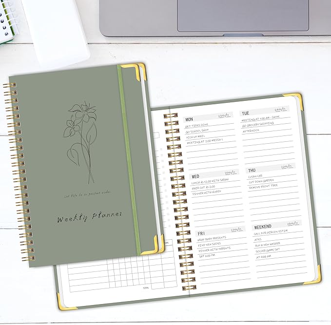Undated Hardcover Weekly Planner with Metal Corner, 6 x 8 Inch Productivity Organizer Journal with To Do List, Habit Tracker,Weekly Goals & Organize Pocket for ADHD,School, Office, Home ,Gifts, Spiral Bindding ,Green