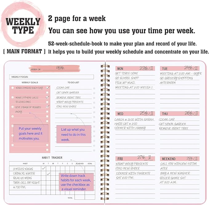Undated Weekly Planner - Weekly Goals Notebook with To Do List, Habit Tracker, Daily Schedule Journal with Spiral Binding, 5.7 x 8.0 inches,Productivity Organizer Notebook for Work, School, Home, Pink