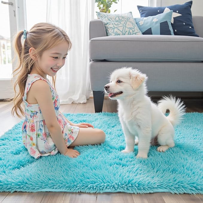 Area Rugs 9x12 Living Room, Large Area Rug Shaggy Carpet Soft Plush Furry Bedside Rug, Machine Washable Area Rugs for Bedroom Home Decor Non-Slip(9 x 12, Teal Blue)