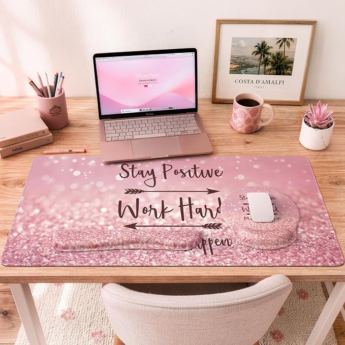 iCasso Mouse Pad,Large Pink Desk Mat Set, 4in1 XXL Mousepad + Keyboard Wrist Rest+Mouse Wrist Rest+Coaster with Ergonomic Desk Pad for Home Office Table Computer Cover -Pink Stay Positive