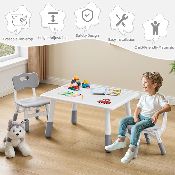DOREROOM Toddler Table and 2 Chairs Set, Marble Top, No-Screw Legs, Grey | Graffiti Desktop, 31.5"L x 23.6"W, Frameless, Kids Ages 3-8, FSC-certified, Children Activity for Daycare, Classroom, Home