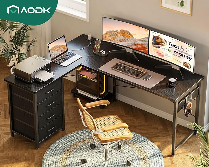 AODK 53" L Shaped Gaming Desk with 4 Drawers and Power Outlets, Black | USB Ports, PC Tower Stand, Hooks, Reversible Corner Layout for Gaming Rooms, Bedrooms and Home Office