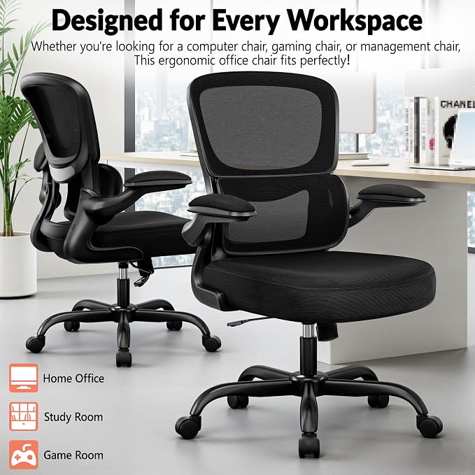 BESTFAIR Ergonomic Mesh Office Chair, Breathable Mesh Computer Desk Chair, Adjustable Lumbar Support, Flip-up Armrests, Executive Swivel Chair for Home Office, Black