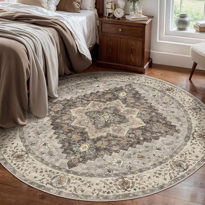 Tangsoo Vintage Round Rugs 8ft, Washable Circle Rug, Non Slip Boho Round Area Rug,Low Pile Circular Rugs,Large Round Rugs Carpet for Livingroom,Bedroom,Nursery,Dorm,Office,Brown/Grey