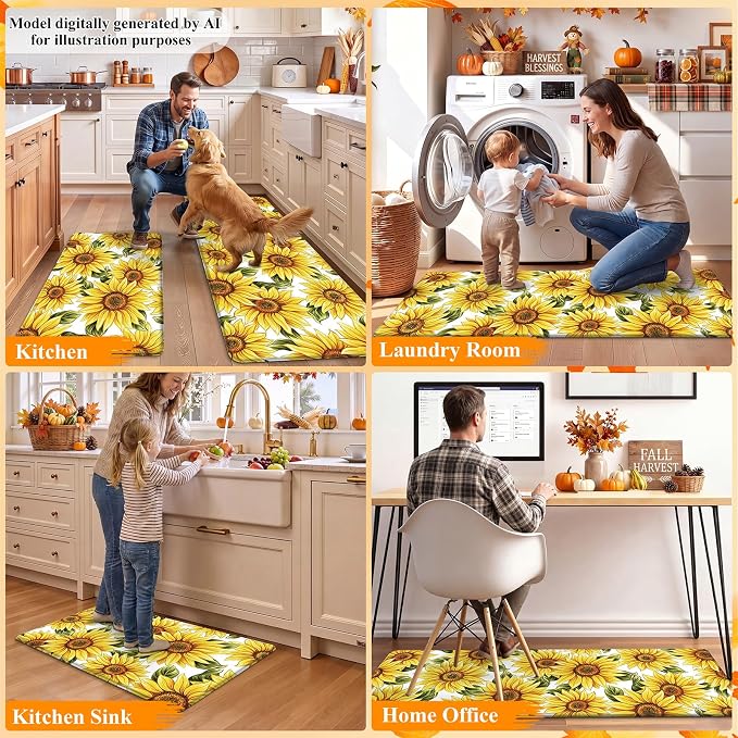 HEBE Fall Kitchen Mat Set of 2, Anti Fatigue Kitchen Mats for Floor | Cushioned Non Slip Autumn Kitchen Rugs and Runner Set, Waterproof Sunflower Floor Carpet for Harvest Thanksgiving
