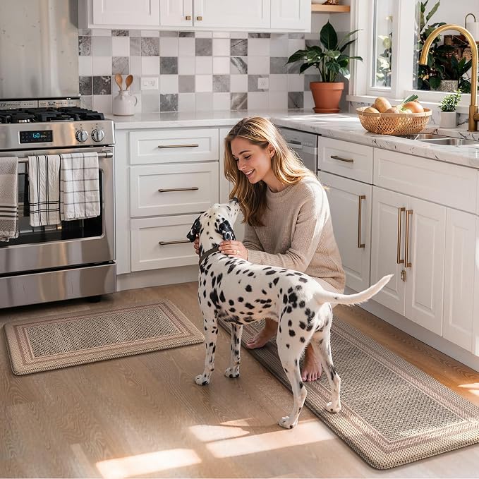 KIMODE Anti Fatigue Kitchen Mats for Floor,Farmhouse Kitchen Rugs Sets of 2 | Cushioned Kitchen Floor Mats,Comfort Standing Mat for Kitchen Decor Laundry Office Desk Apart Grayish Brown 17"x47"+17"x29"