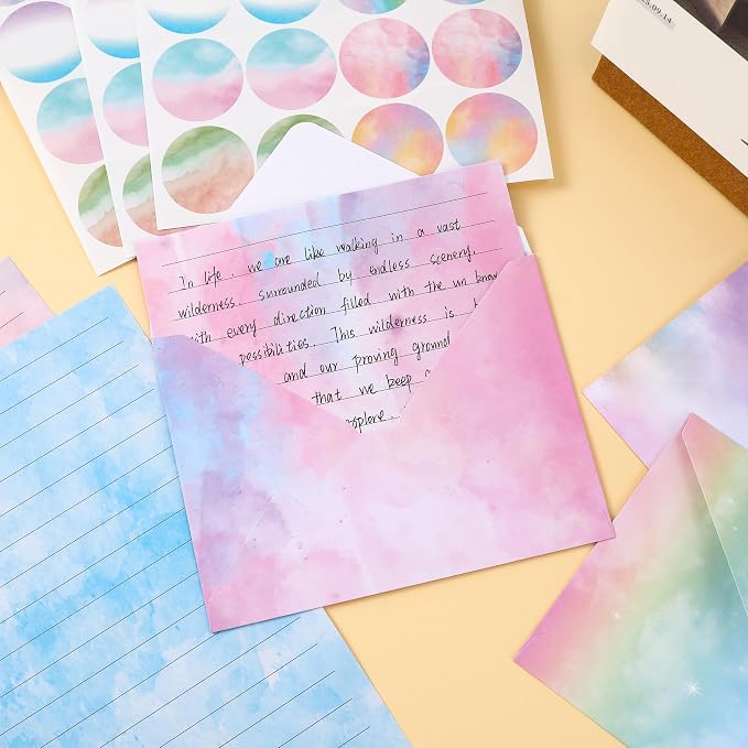 Stationery Paper Envelopes Set 160 Pcs - 50 Lined Writing Paper, 50 Envelopes, 60 Dot Stickers, Vintage/Floral/Leaf/Watercolor Multi-Style Options (STATIONERY-160PCS-WATERCOLOR)