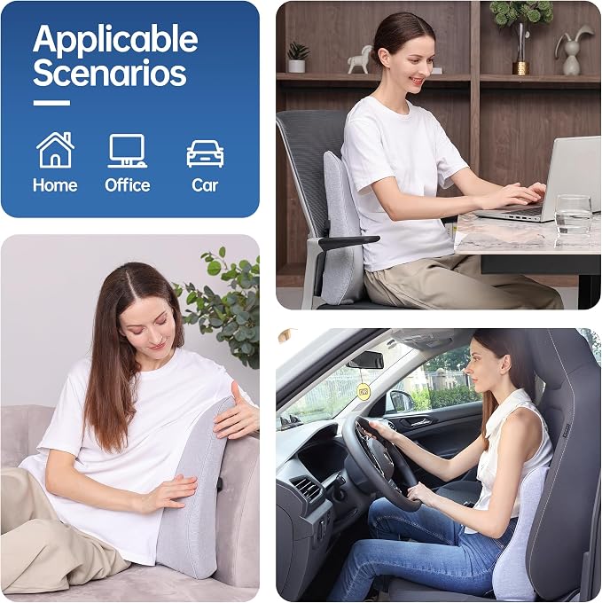 Plush & Comfortable Memory Foam Lumbar Support Pillow - Soft Back Cushion for Office Chair, Car Seat, Gaming Chair - Ergonomic Lower Back Pain Relief with Adjustable Straps & Washable Cover-Light Grey