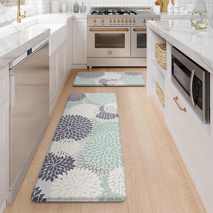 KIMODE Anti Fatigue Kitchen Mat 2PCS Kitchen Mat for Floor Cushioned | 17"x47"+17"x29",Dahlia Floral,Red, Farmhouse Floor Mats set of 2,Non Slip,Waterproof,Comfort Mat for Sink Office Laundry home