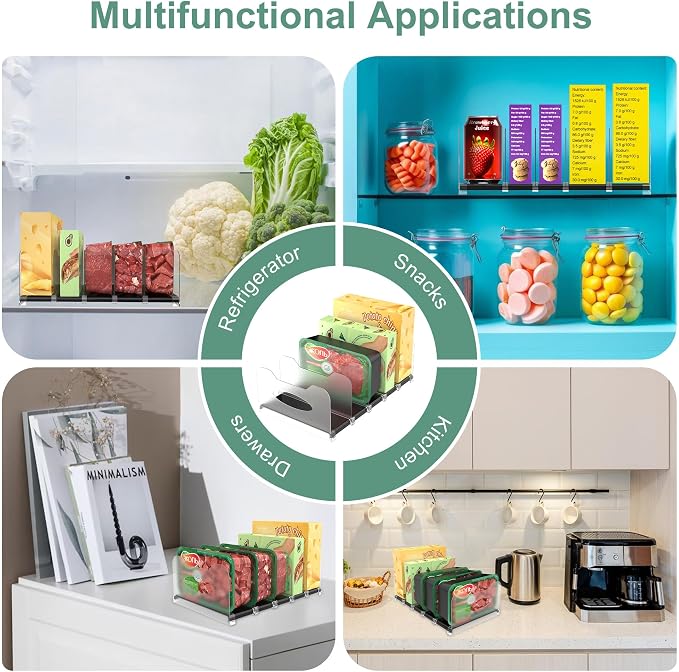 Freezer Organizer,12" Visible Fridge Organizer Rack with Removable Dividers | Freely Adjustable,Easy to Pull Out and Carry Handle, Fits Refrigerator Frozen Meals, Lunch Meat Box, Cheeses, Black
