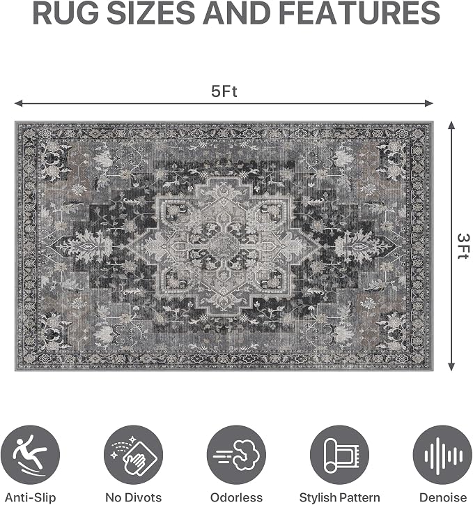 36"x60" Office Chair Mat for Hardwood Tile Floor, Under Desk Carpet Protector for Rolling Computer Chair Mat, Machine Washable Area Rug, Anti-Slip 1/5" Thick Low Pile Thin Vinyl Floor Mat, Black