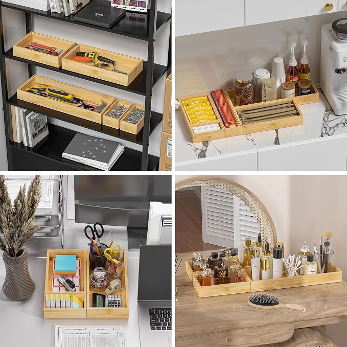 Lixple Bamboo Drawer Organizer, Cutlery Silverware Organizer for Kitchen Drawer, Stackable Utensil Organizer, 2 Pcs Flatware Organizer for Drawer, Wooden Storage Box Tray (Bamboo, 9 X 6 X 2 Inch)