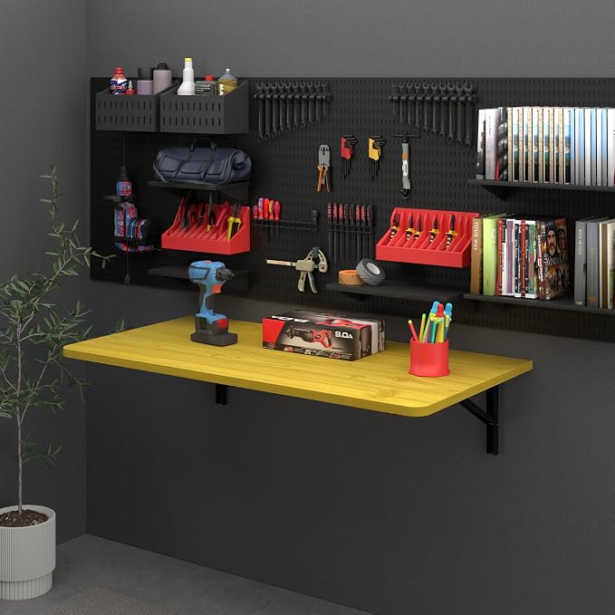 Floating Foldable Desk,Wall Mounted - Folding Computer Table with Engineered Wood,Study Table with Shelf Brackets,Fold Down Shelf,Fold Computer Desk for Small Spaces,Holds 300 lb,36" x 22" Natural