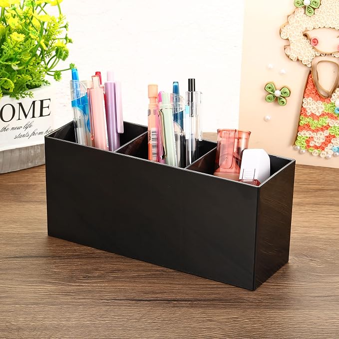 PATIKIL 3 Compartments Clear Acrylic Pen Holder, Pencil Holder Pen Organizer Pencil Cup Makeup Brush Holder Square for Countertop Desk, Black
