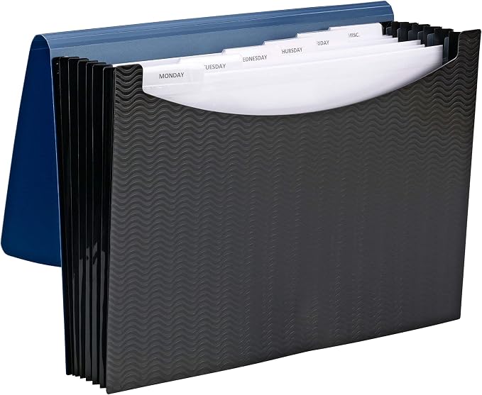 Smead Poly Frequency Expanding File Folders, Flap and Cord Closure, Letter Size, Wave Pattern, 7 Pocket, Blue/Black (70872)