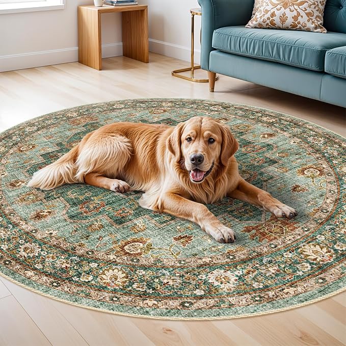TOPRUUG Washable Oriental Area Rug - 8ft Round Rugs for Living Room Soft Carpet for Bedroom Waterproof Floral Distressed Indoor Stain Resistant Non-Shedding Floor Carpets (Green, 8ft-Round)