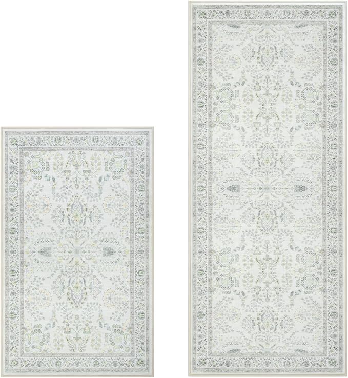 GRANNY SAYS Boho Kitchen Rug Sets of 2, Non Slip Washable Faux Wool Kitchen Mats for Floor, Thick Soft Anti-Fatigue Comfort Standing Mat Runner Rugs for Hallway Laundry Room, Green & White