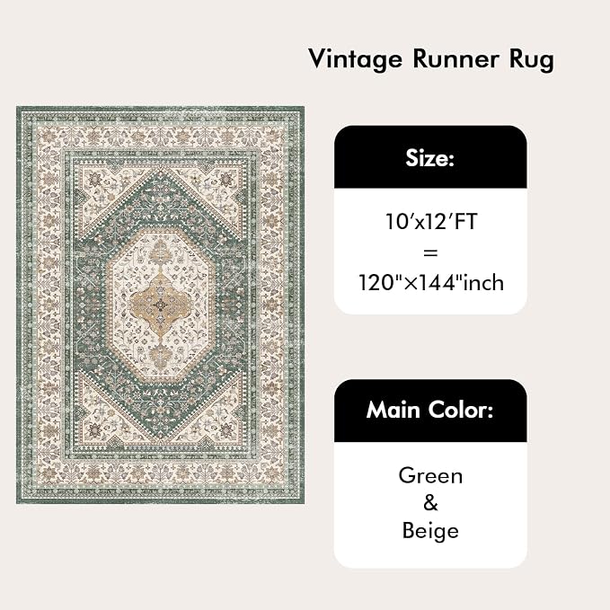 10x12 Area Rug for Living Room: Large Washable Oriental Rugs for Bedroom Non Slip Backing Stain Resistant Indoor Soft Floor Carpet for Dining Table Nursey Dorm Kitchen Low Pile Green/Beige