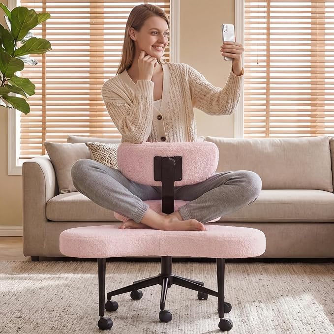 DUMOS ADHD Meditation Chair, Cross Legged Home Office Desk Chair | Teddy Fabric Ergonomic Adjustable Height Backrest, 360° Swivel Footstool, Yoga Stool, Pink