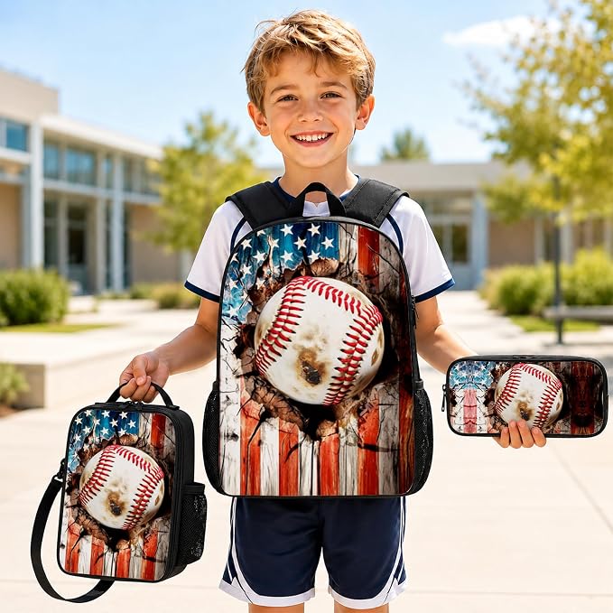 3PCS Baseball Print Backpack for Boys Girls Teens, School Backpack with Lunch Box Pencil Case for Elementary Middle High Students, 17 Inch Lightweight Bookpack 3 in 1 Set Back to Shool Gifts for Kids