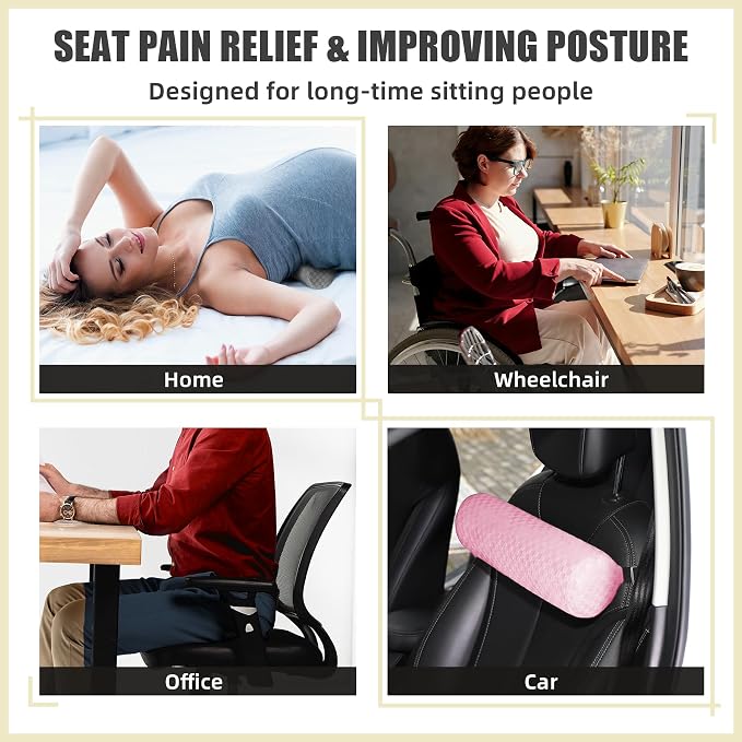 Coeyese Lumbar Roll Pillow for Lower Back Support, Pink, Short-11 * 4.3'' | Removable Pillowcase, Upgraded Adjustable Strap, Suitable for Office, Chair, Car, Seat Pain Relief & Improving Posture