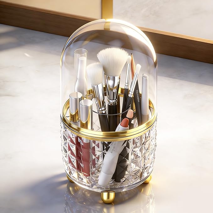 GOTOBA 360° Rotating Pencil Holder for Desk, Makeup Brush Holder with 6 Slots, Desk Organizer for Writing Utensil, Office and School Supplies (Clear with cover)
