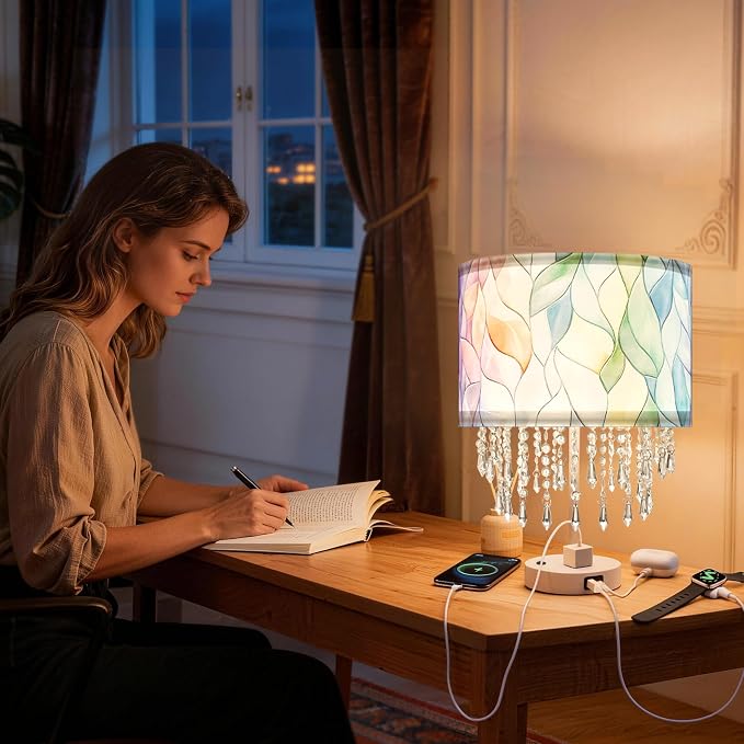 Smart Table Lamp with Colorful Leaf Fabric Shade & Acrylic Droplets, E26 LED Bulb Included, Bedside Desk Lamp with USB C & AC Outlet, App & Voice Control, Compatible with Alexa & Google Assistant