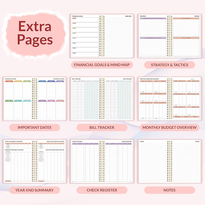 SUNEE Budget Planner - Monthly Budget Book with Expense Tracker Notebook, Undated 12 Month Bill Organizer & Finance Planner to Manage Your Money, A5(6.4" x 8.3") Account Book with Colorful Tab, Pink