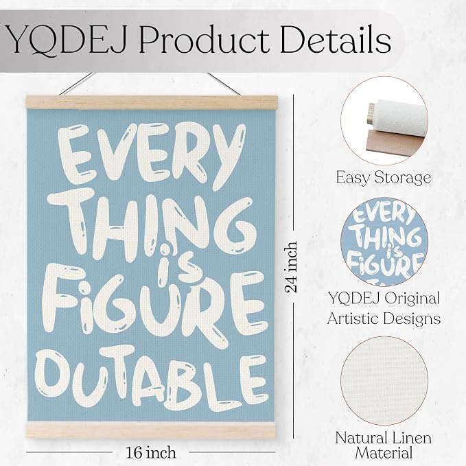 YQDEJ Blue Everything is Figureoutable Inspirational Wall Art Poster Hanger Frame, Blue Positive Affirmations Wall Decor, Motivational Wall Art for Home Office Classroom, 16x24 Inch
