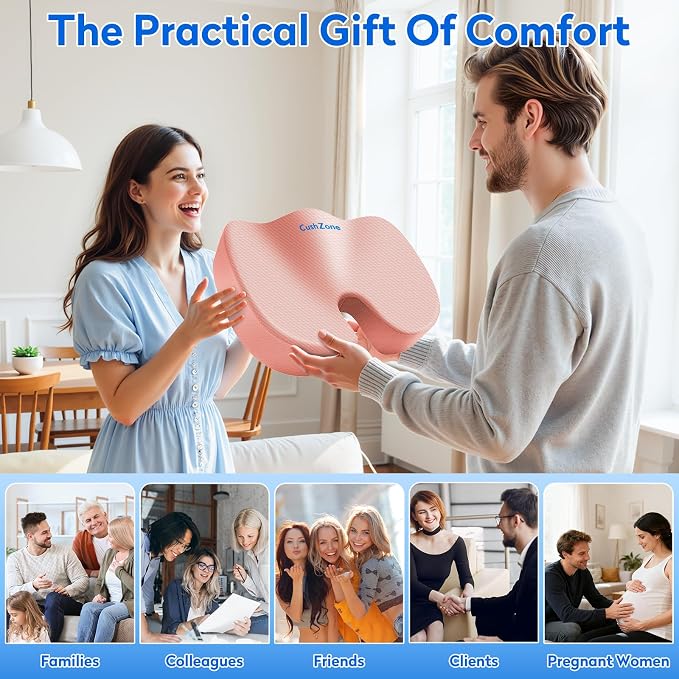CushZone Seat Cushion, Office Chair Cushions, Car Seat Cushion, Non-Slip Sciatica & Back Coccyx Tailbone Pain Relief Chair Pad, Memory Foam (Pink)