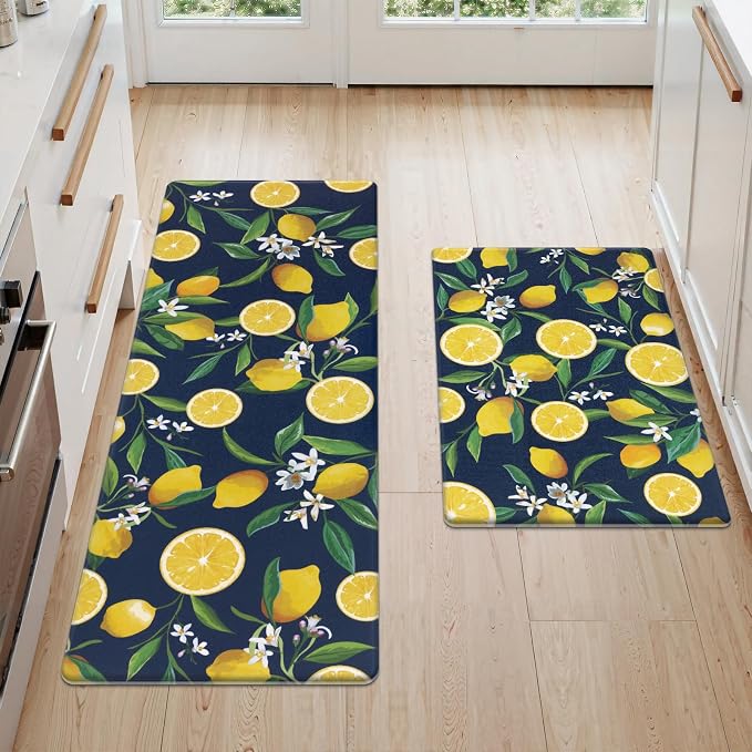 SHACOS Anti Fatigue Lemon Kitchen Rugs Mats Set of 2 Pieces Non Slip Soft Cushioned Standing Desk Mats Wipeable Waterproof Floor Mat for Kitchen Laundry, 17"x27.5"+17"x47", Dark Blue
