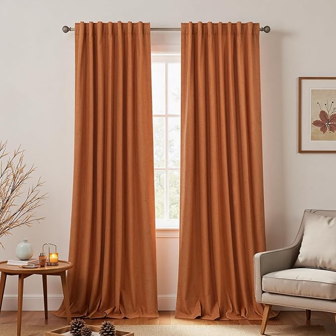 KOUFALL Retro Curtains 90 Inches Long Blackout Linen Dark Orange MCM Mid Century Modern Curtains for Living Room Bedroom 70s Decor