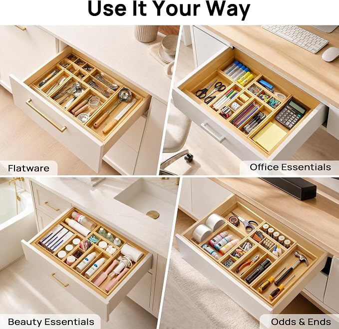 Vtopmart 2 Pack Bamboo Drawer Organizer Boxes, Junk Drawer Storage Trays | Natural Bamboo Storage Dividers for Kitchen, Bathroom, Office & Vanity Drawers, Organize Jewelry, Makeup, Tools & Essentials
